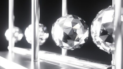 Close-up of metallic, geometric spheres suspended within a polished, metal frame with a dark backdrop