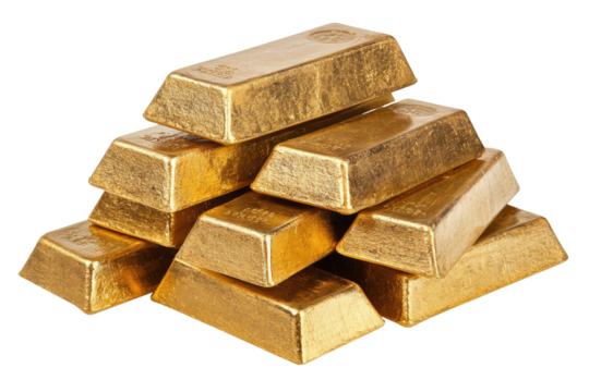Stacked golden bars, arranged in a pyramid, reflecting light