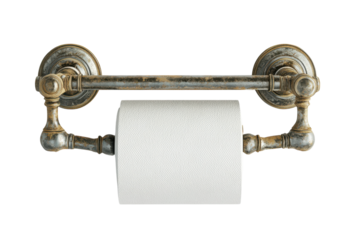 Toilet paper roll on a vintage metal holder on transparent background