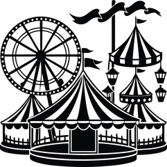 Vintage carnival fun: old circus tent and carousel vector illustration with a pirate flag on a sailing ship