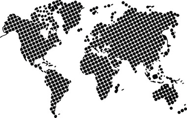 Abstract world map silhouette composed of small black dots on a white background
