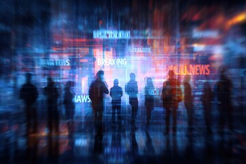 Silhouettes of a group of people standing in the center of a digital space, surrounded by numerous screens displaying “BREAKING NEWS,” symbolizing global media and technology