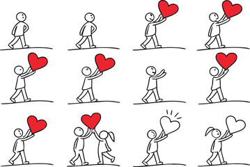 Collection of simple stick figures expressing love and affection through holding red hearts