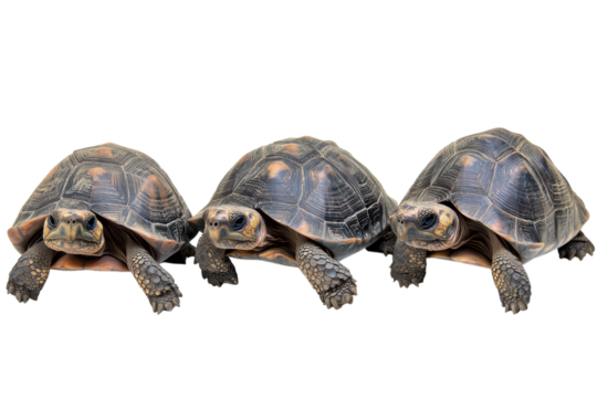 Three yellow footed tortoises lined up on a transparent background