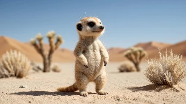 Alert meerkat standing upright in desert landscape under bright sunlight