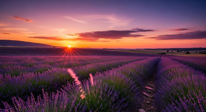 Lavender Field at Sunset - A Serene Landscape of Purple and Gold.