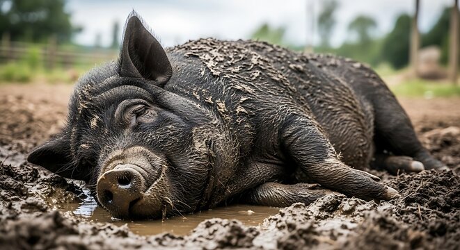Lazy Pig Enjoying a Mud Bath on a Farm.