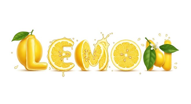 Lemon word made of fresh citrus fruits and slices with juice splashes.