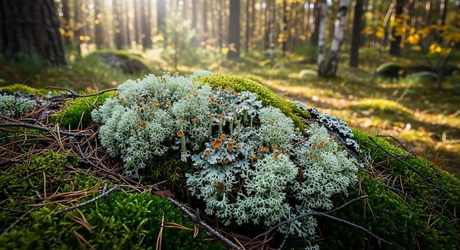 Lichen and moss thrive on a forest floor, bathed in sunlight filtering through the trees, showcasing natures intricate details.