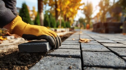 Construction worker's gloved hand laying grey concrete paving stones for a walkway or patio