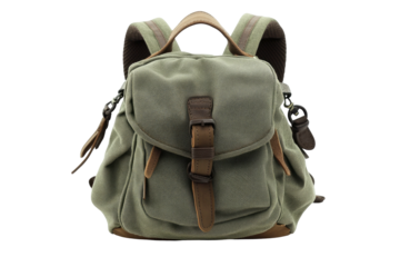 Olive backpack with brown leather straps against black