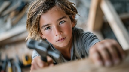 Child engaged in woodworking task in a workshop