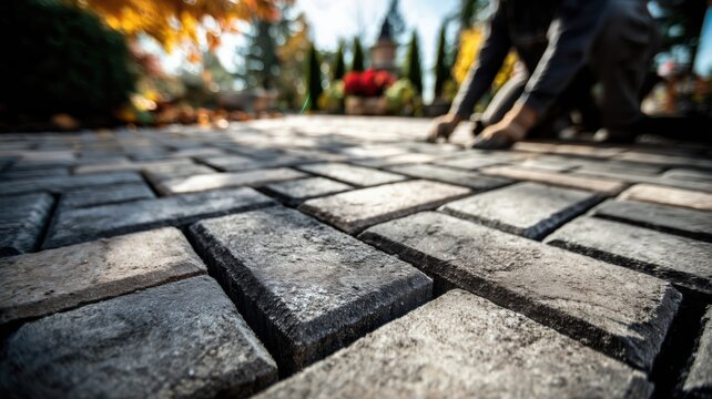 Interlocking gray pavers being laid by a worker to create a new patio or driveway in a sunny yard