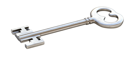 Ornate silver key on a black background, casting a slight shadow