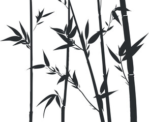 Obraz premium Black silhouette of bamboo stalks and leaves on a white background, creating a minimalist design.