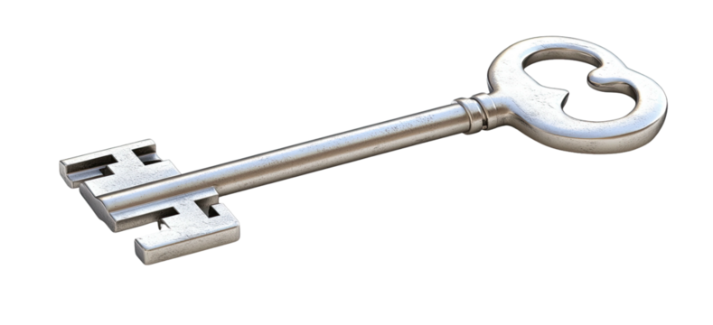 Ornate silver key on a black background, casting a slight shadow