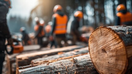 Freshly cut wooden logs with blurred workers in safety gear in the background