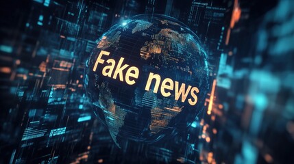 Fake news concept in the digital world glow of Fake News text on digital globe in cyberspace cybersecurity and disinformation