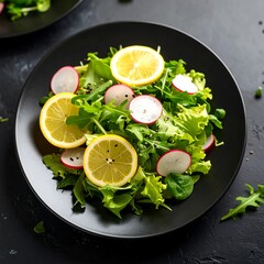 Fresh salad on black plate