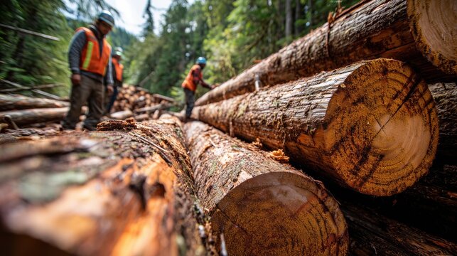 Professional lumberjacks standing by a massive stack of freshly harvested logs in a dense forest