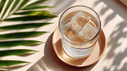 Refreshing glass of water with ice cubes and palm leaf