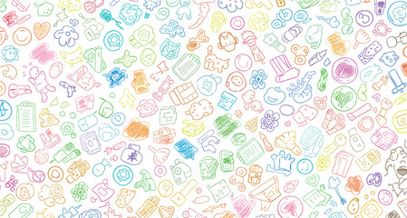 A vibrant seamless pattern of cute, colorful hand-drawn doodles illustrating a wide variety of random objects, concepts, and creative ideas on a white background