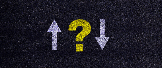 Decision making concept with question mark and arrows pointing different directions, business strategy, arrows in different directions and question mark