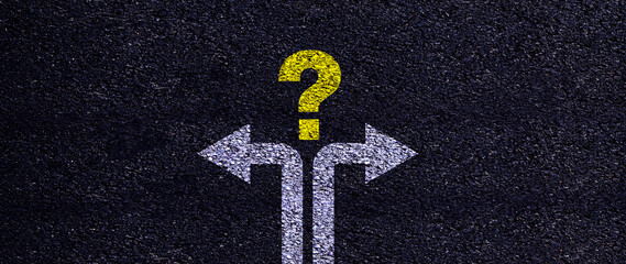Decision making concept with question mark and arrows pointing different directions, business strategy, arrows in different directions and question mark