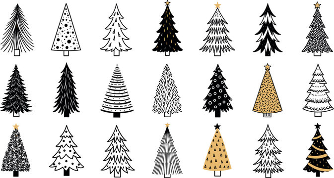 Diverse collection of Christmas tree illustrations, featuring various design concepts from minimalist outlines to decorative patterns, ideal for festive holiday projects and seasonal branding