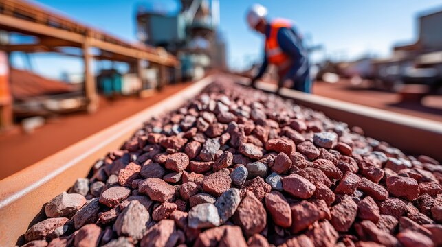 Close-up of red iron ore rocks filling a train wagon with an industrial worker in the background