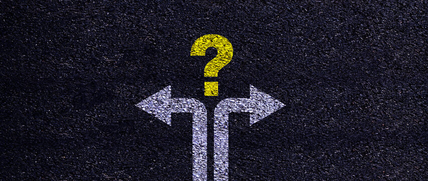 Decision making concept with question mark and arrows pointing different directions, business strategy, arrows in different directions and question mark - Powered by Adobe