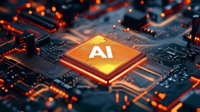 Futuristic AI microchip glowing with orange light on motherboard surface, symbolizing artificial intelligence, innovation, and advanced digital computing technology