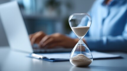 Close-up of an hourglass on an office desk with a blurred person working quickly on a laptop