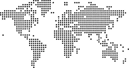 Abstract world map silhouette composed of small black dots on a white background