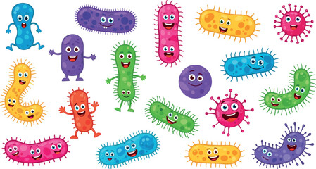 Cute cartoon bacteria and viruses characters, colorful and expressive microbes for educational or fun purposes