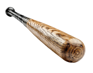 Wood baseball bat angled with a black handle, on a pure black background