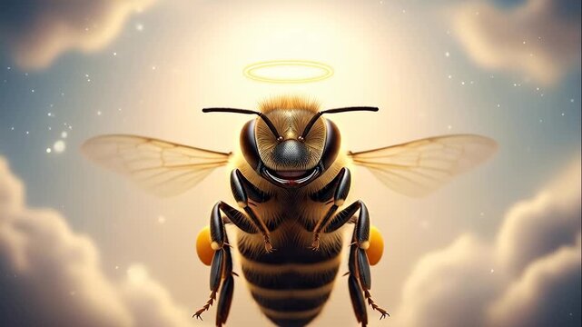 Angel Bee - A digitally video video of a bee with a halo over its head is flying against a soft, cloudy sky. The bee appears to be smiling and has small yellow pollen sacs on its legs.