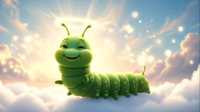 Smiling Cartoon Caterpillar with Halo in the Clouds - This video depicts a cheerful, green cartoon caterpillar with a halo above its head, resting on a fluffy white cloud.