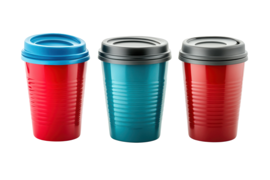Three colorful reusable coffee cups with lids on transparent background