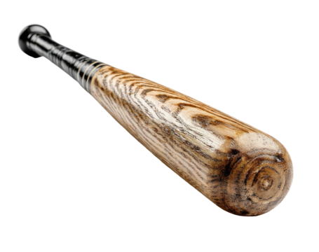 Wood baseball bat angled with a black handle, on a pure black background