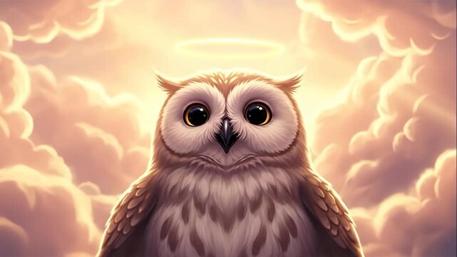 Angelic Owl in the Clouds - A cartoon owl is depicted with closed eyes and a golden halo floating above its head. The background features soft, illuminated clouds suggesting a heavenly setting.