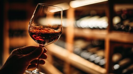 Holding a glass of red wine in a dimly lit cellar, appreciating the rich color and movement