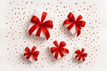 White background, gift boxes with red ribbons and confetti, bright and joyful composition