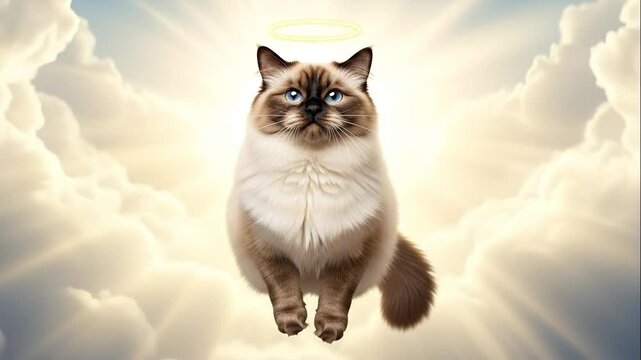 Angelic Ragdoll Cat in Heaven - A cute ragdoll cat floats in a heavenly sky of white clouds with bright sunlight, adorned with a golden halo above its head.