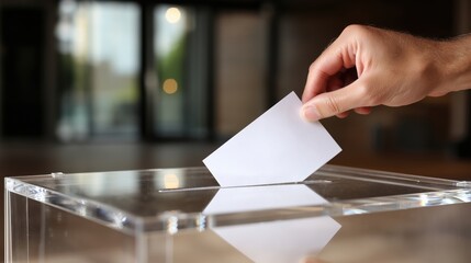 Person's hand casts a blank white voting ballot into a modern transparent box