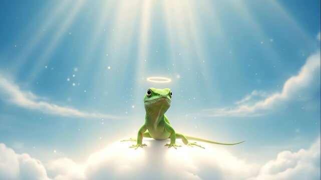 Angelic Gecko in the Clouds - A green gecko with a halo sits atop a fluffy white cloud, against a bright blue sky with sunbeams. The scene evokes a sense of peace, innocence, and spirituality.