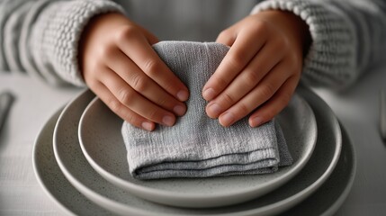 Close-up of a dining setting with stacked plates and elegant napkin