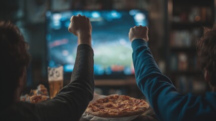Two people celebrating a goal while watching a sports game on television with pizza and beer