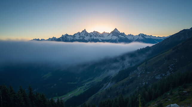 AI-generated breathtaking photo of a majestic mountain range at sunrise, with soft clouds and golden light highlighting the peaks. - Powered by Adobe