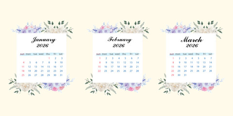Fototapeta premium First Quarter 2026 Calendar Template Bundle - January, February, March New year colorful Calendar design